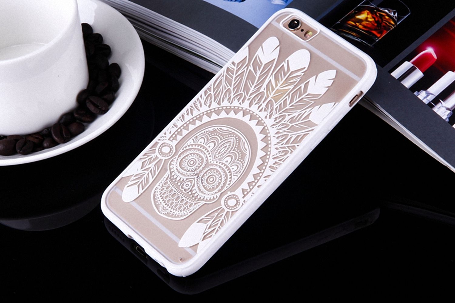 Apple iPhone 6s Plus Handy Hülle Mandala Case Schutz Motiv Federn Totenkopf Weiß