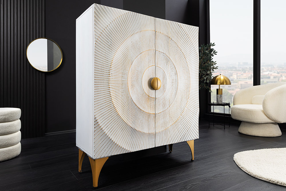 Massives Highboard GOLDEN SUNSET 120cm weiß gold Mangoholz mit 3D Schnitzereien