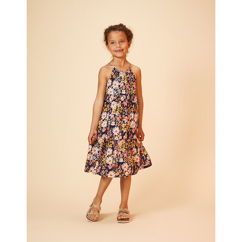 Robe longue en voile imprimé fleuri pour fille - Bleu marine