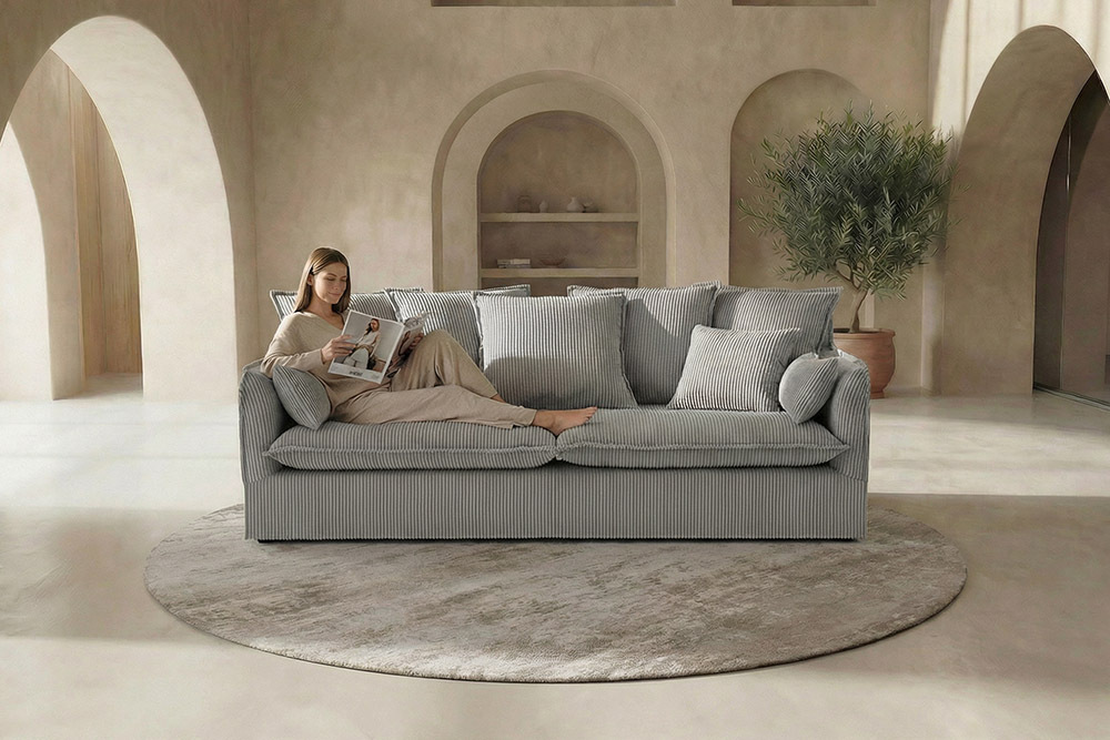 Großes 3-Sitzer Sofa HEAVEN 200cm hellgrau Cord Federkern Hussensofa abnehmbarer Bezug