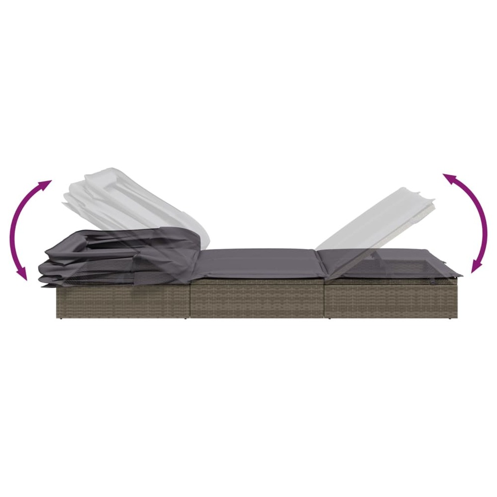Transat chaise longue bain de soleil avec toit pliable 213 x 63 x 97 cm résine tressée gris