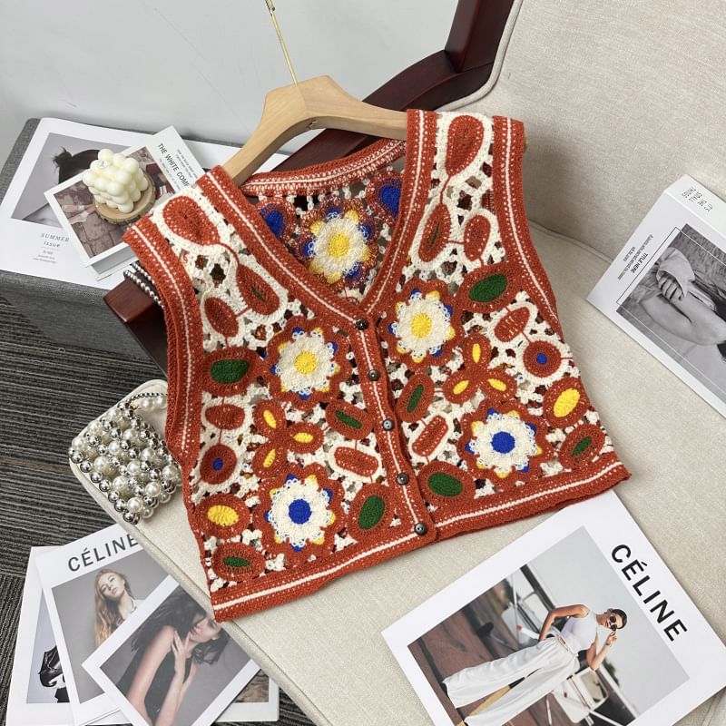 Juuri - Gehaakt vest met V-hals en bloemen