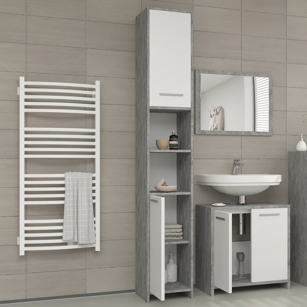 VICCO Badschrank KIKO 190 x 30 cm Weiß Grau Beton - Hochschrank Regal Badregal