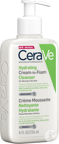 CeraVe Crème Moussante Nettoyante Hydratante Visage Peaux Normales À Sèches Flacon Pompe 236ml