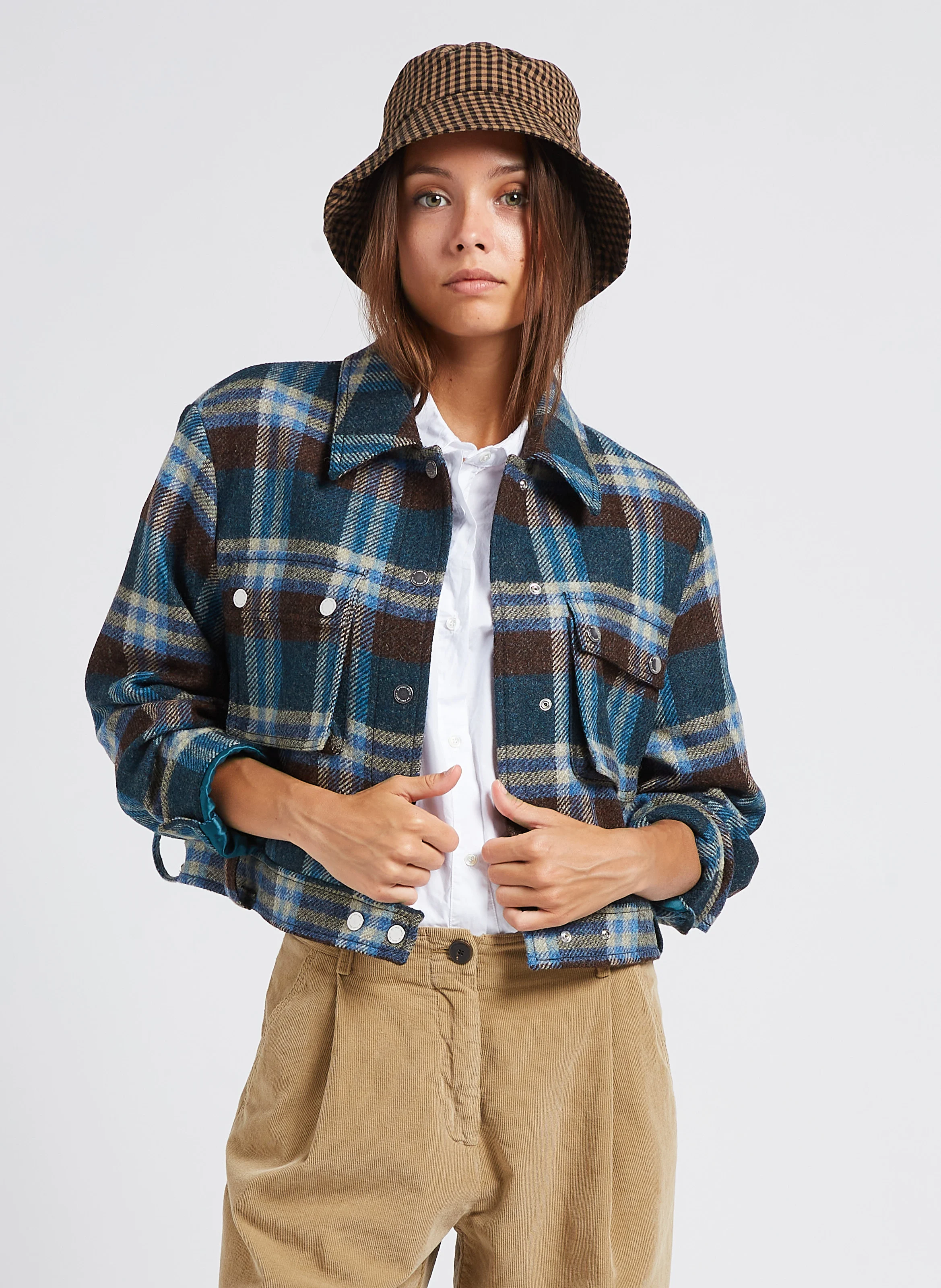 Veste courte col classique à carreaux en laine | Bleu