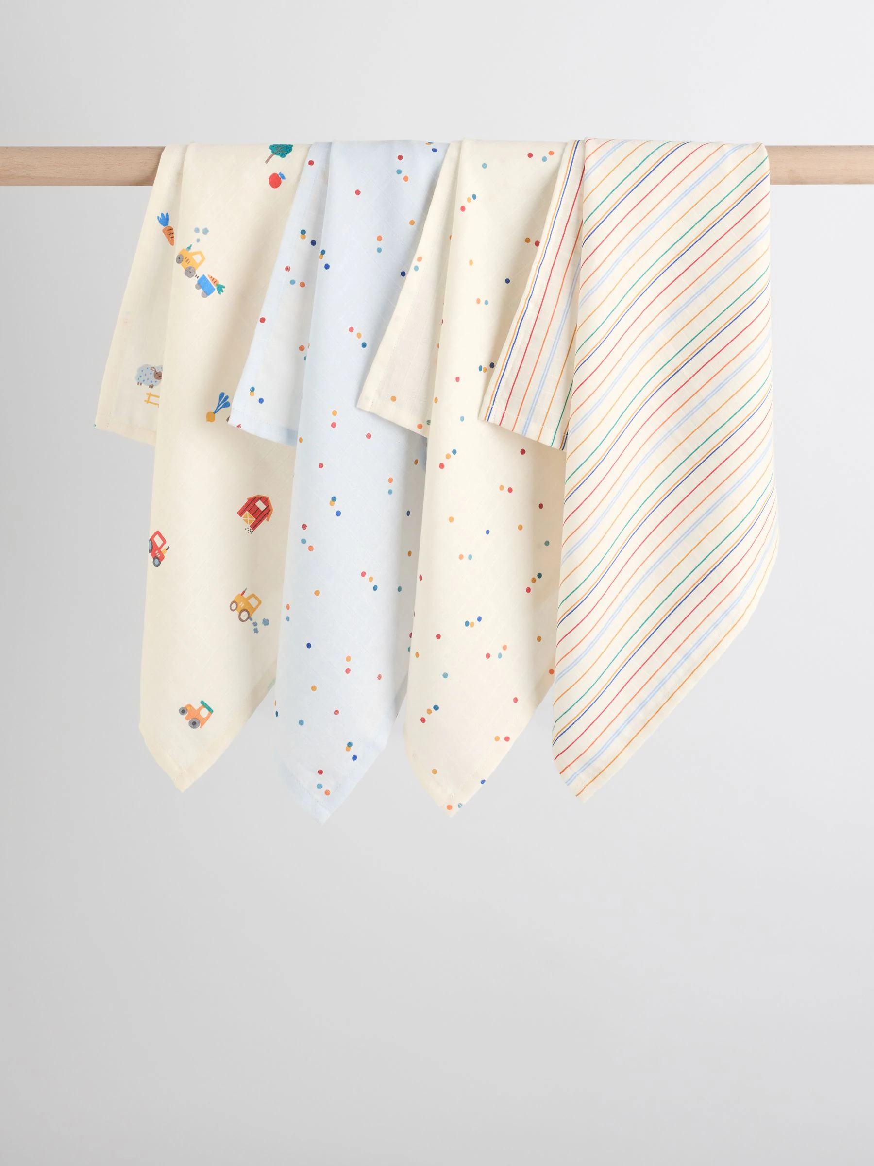 Felgekleurd met boerderijprint - Set van 4 mousseline babydoekjes