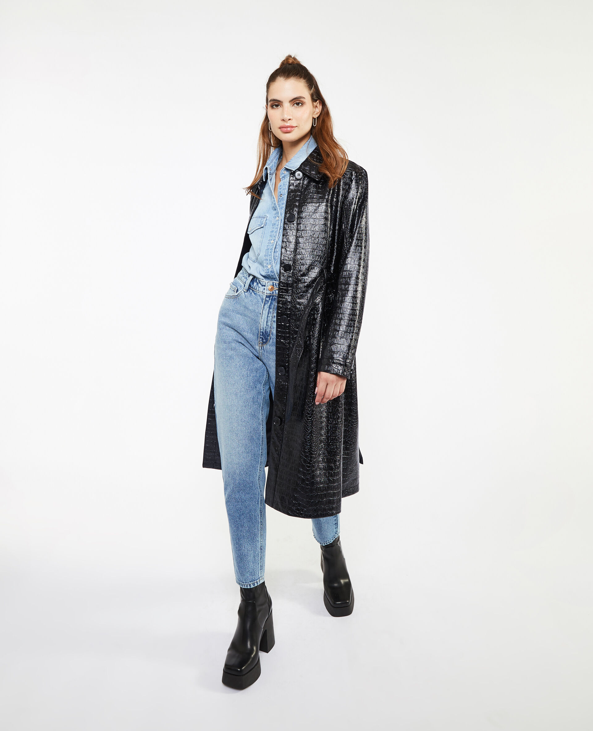 Manteau ceinturé effet croco - Noir