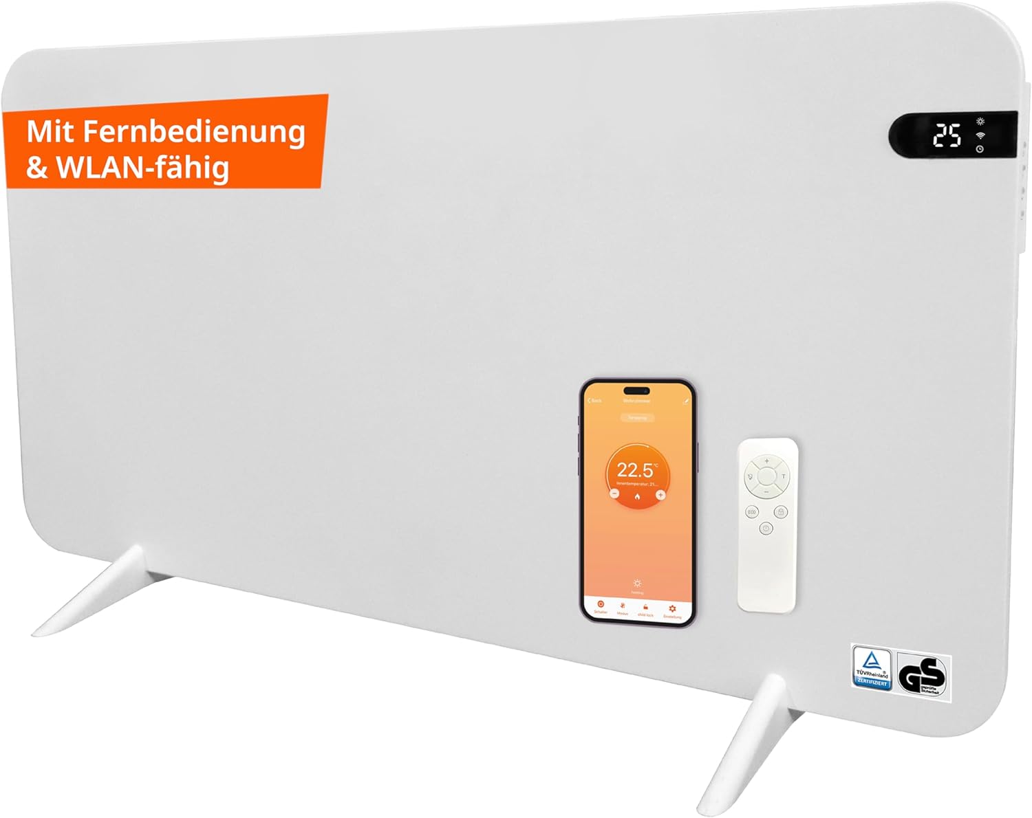 Könighaus 600W Smart -  - Standgerät/Wandmontage - WLAN App-Steuerung mit Fernbedienung - Heizkörper inkl. Handtuchhalter, Standfüße & Befestigung Farbe: Weiß