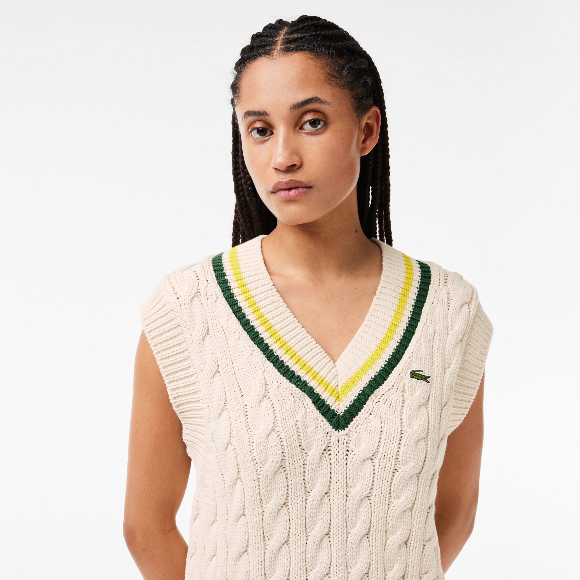 Weste aus Strickware im Zopfmuster mit Kontrastrand und V-Ausschnitt Pullover - Weiss - Lacoste - Damen