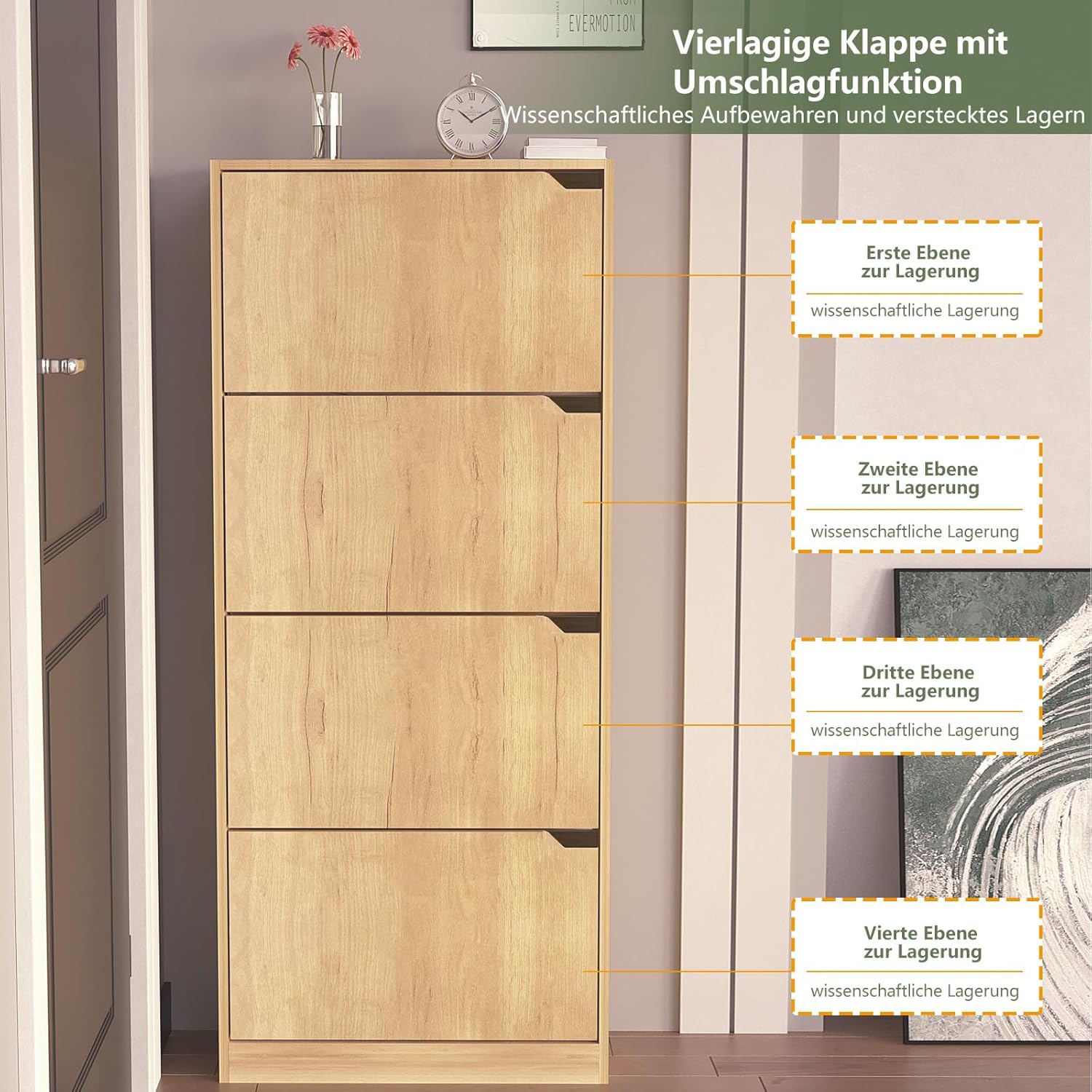 WAOHO Klappbare Schuhregale，Schuhschrank 4 Klappen ，Schuhaufbewahrung，Schuhregal，Schuhkipper, Schuhschränke，Kippsicherung,schuhkipper schmal 150×63×24cm