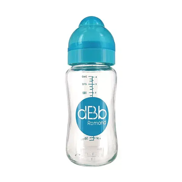 Mamadeira dBb Remond com abertura larga, vidro turquesa translúcido, 0-4 meses, 240ml