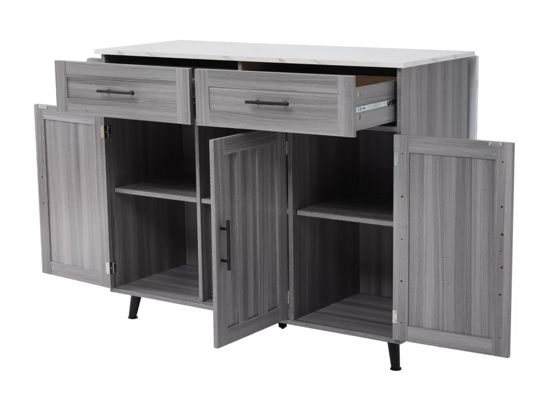 Desserte de cuisine, Chariot de table 129x76x91,5cm, plateau rabattable, étagères intérieures, îlot de cuisine, blanc + gris kaki
