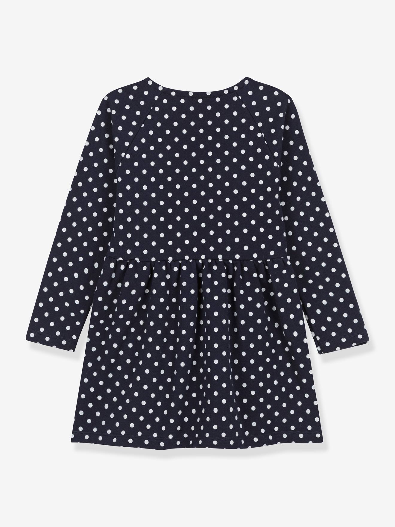 Vestido PETIT BATEAU azul marinho de pelúcia com mangas compridas e estampa de bolinhas.
