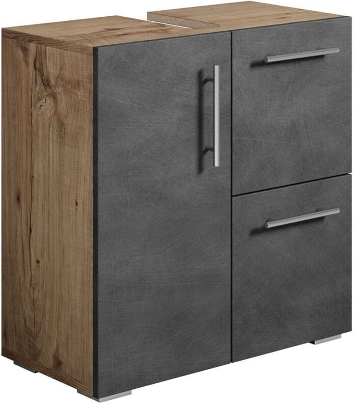 Badplaats Wastafel Onderkast Mars 60 x 30 x 60 cm - Kastanje Eiken met Donker Grijs - Badkamerkast – Staand Wastafelmeubel