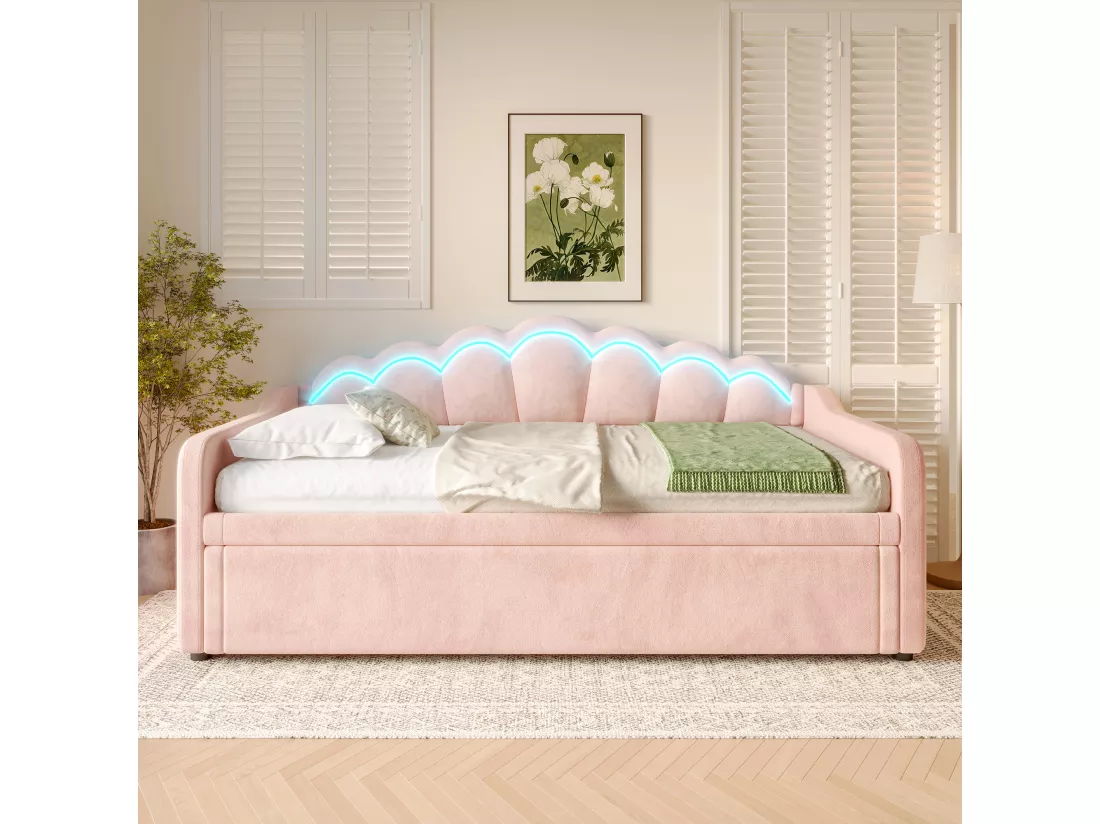 Canapé-lit 90x200/180x200 cm - avec lit gigogne - avec bande lumineuse LED - velours - rose (matelas non inclus)