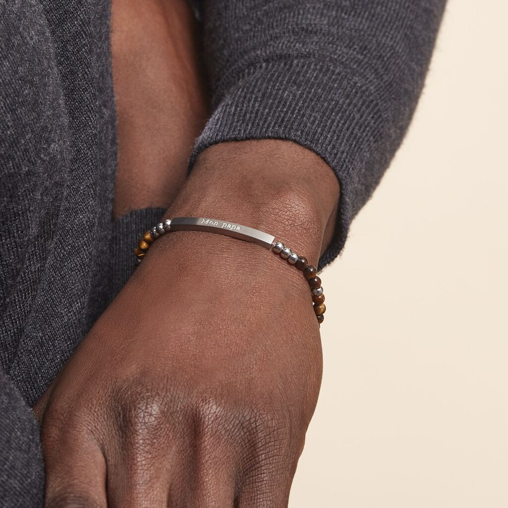 Bracelet Identité Acier Blanc Boules Sebastino œil De Tigre