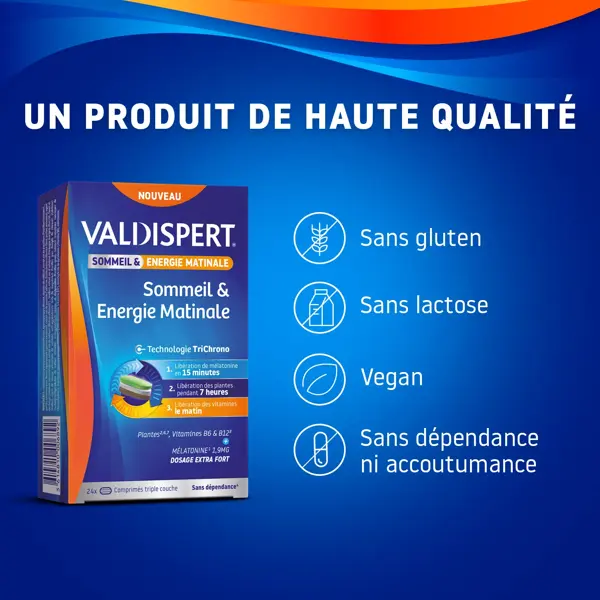 Valdispert Sommeil & Energie Matinale Mélatonine 1,9mg Vitamines B6 et B12 Vegan 24 comprimés