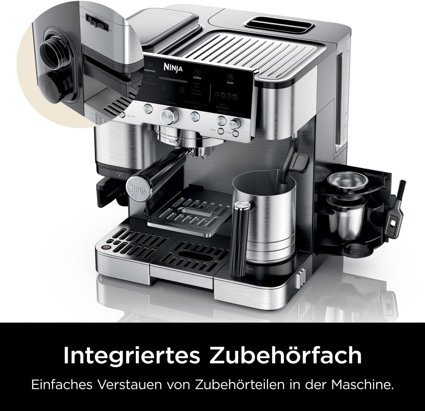 Ninja Luxe Premier 3-in-1-Kaffeemaschine mit Mahlwerk und Aufschäumer für Latte, Cappuccino, Cold Brew & Espresso, einfache Handhabung, 4 Voreinstellungen zum Aufschäumen, Silber, ES601EU