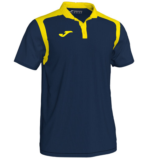 Camisa polo Joma Championship V de manga curta, azul marinho e amarela.