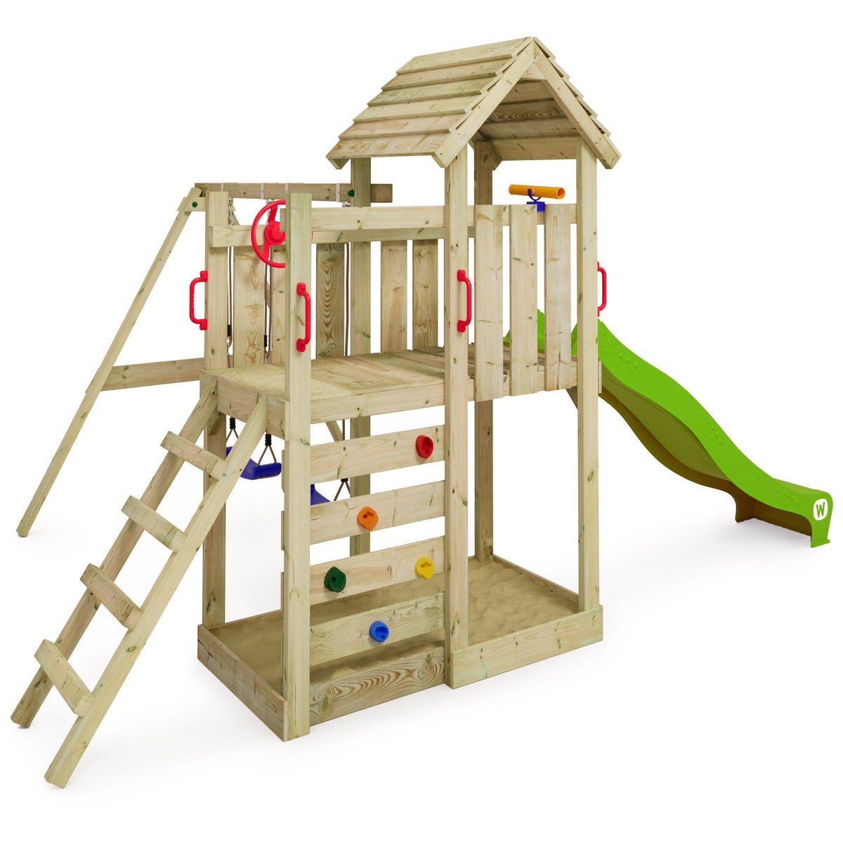 WICKEY MultiFlyer Houten Dak Speeltoren met Schommel en Glijbaan, Klimtoren met Houten Dak, Zandbak, Ladder en Speelaccessoires - Appelgroen