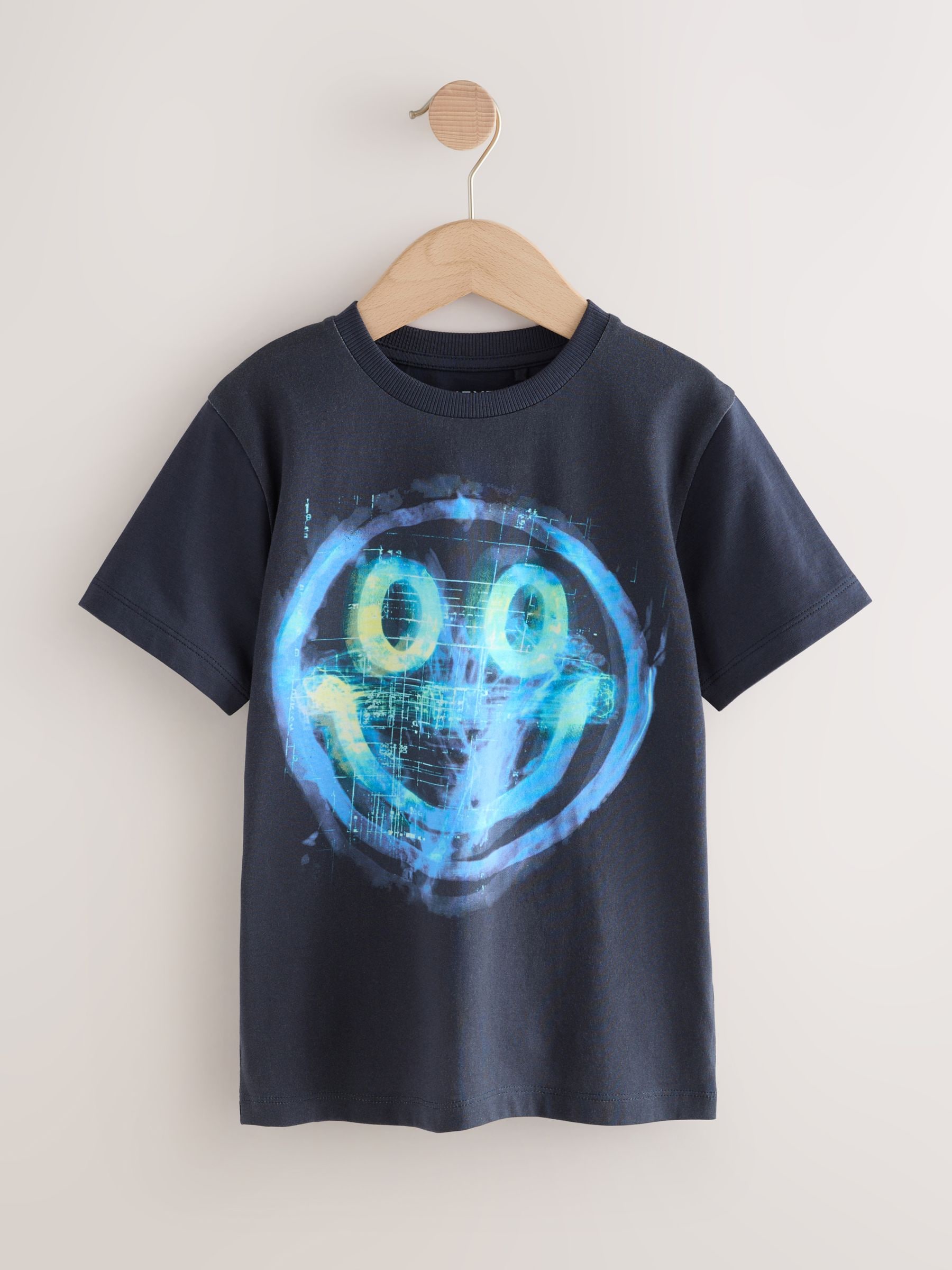Navy Digi Happy Face - T-shirt met normale pasvorm, korte mouwen en all-over print (3-16jr)