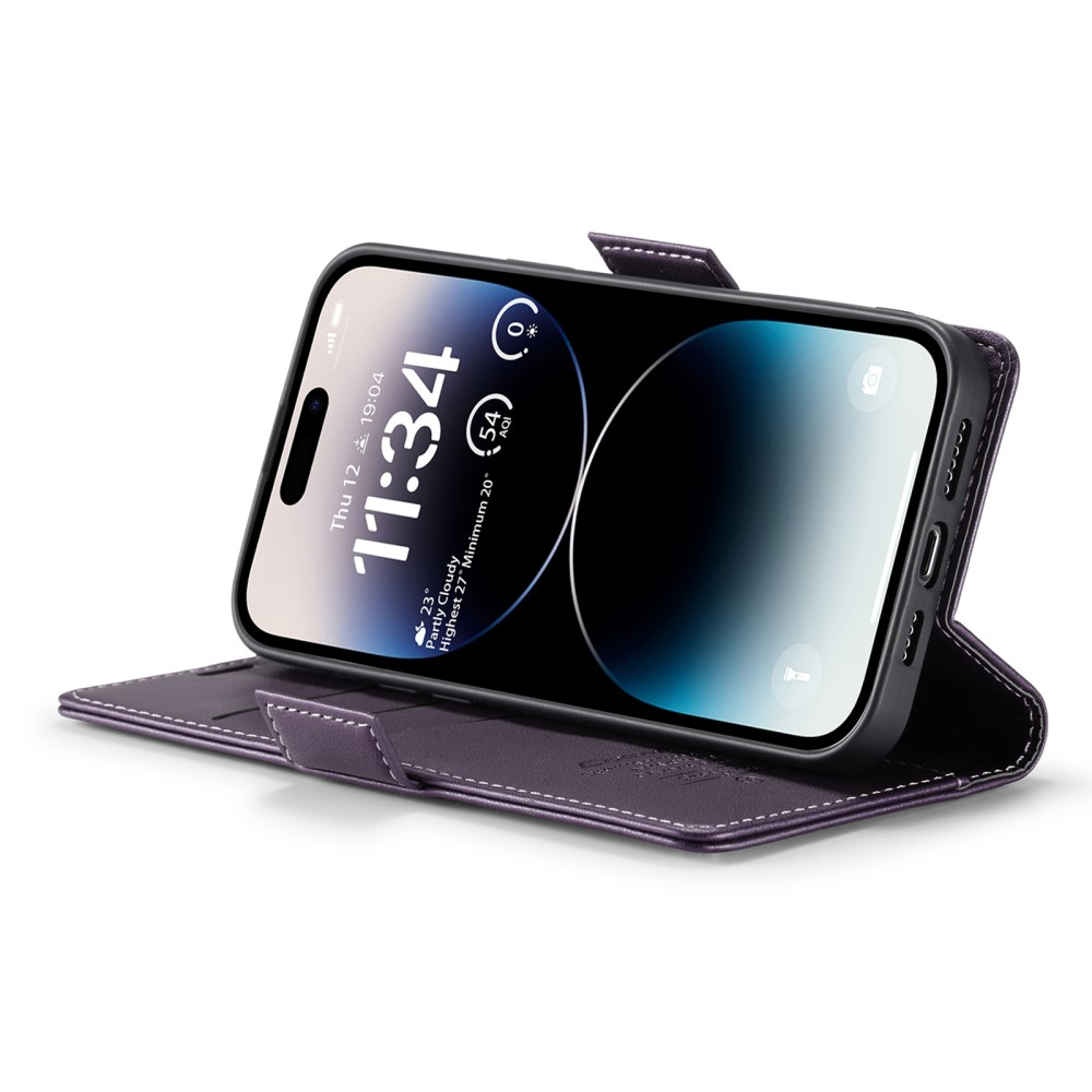 iPhone 14 Pro Max Leder Tasche Flip Wallet Etui mit Kartenfächern Litchi Look (RFID Schutz) - Violett