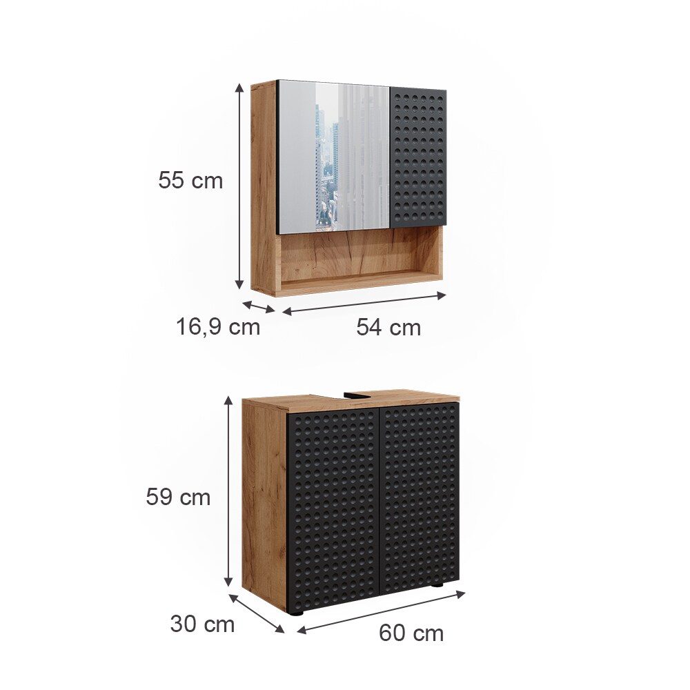 Vicco Badmöbel-Set Irma Eiche Anthrazit 2-teilig Spiegelschrank Waschbeckenschrank 60 cm