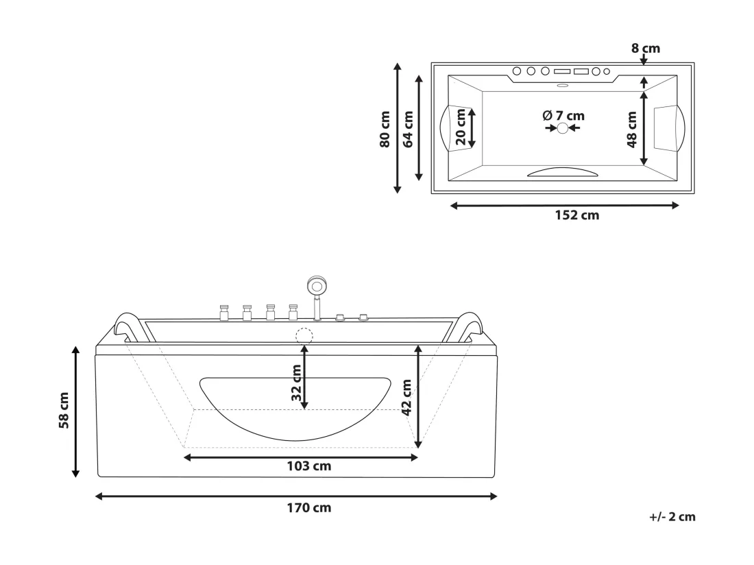Baignoire balnéo noire 170 x 80 cm avec LED HAWES