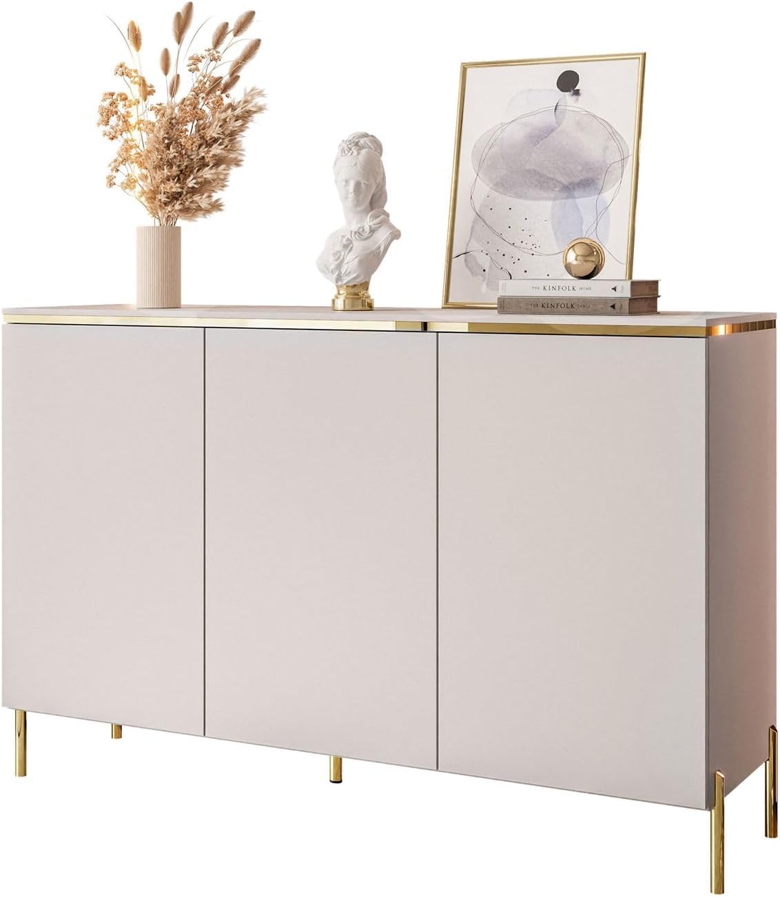 Lookway Kommode Aurora II Kaschmir Matt mit DREI Türen und Goldener Dekorleiste – Hängend oder auf eleganten Füßen – Modernes Schlafzimmermöbel (gerade Gold Chrom Beine)
