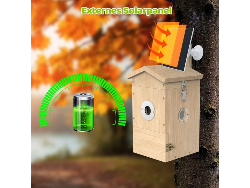 Sanilu Vogel Nistkasten mit Kamera, Solarpanel inklusive Nistkasten aus Holz mit Sonnenkollektor