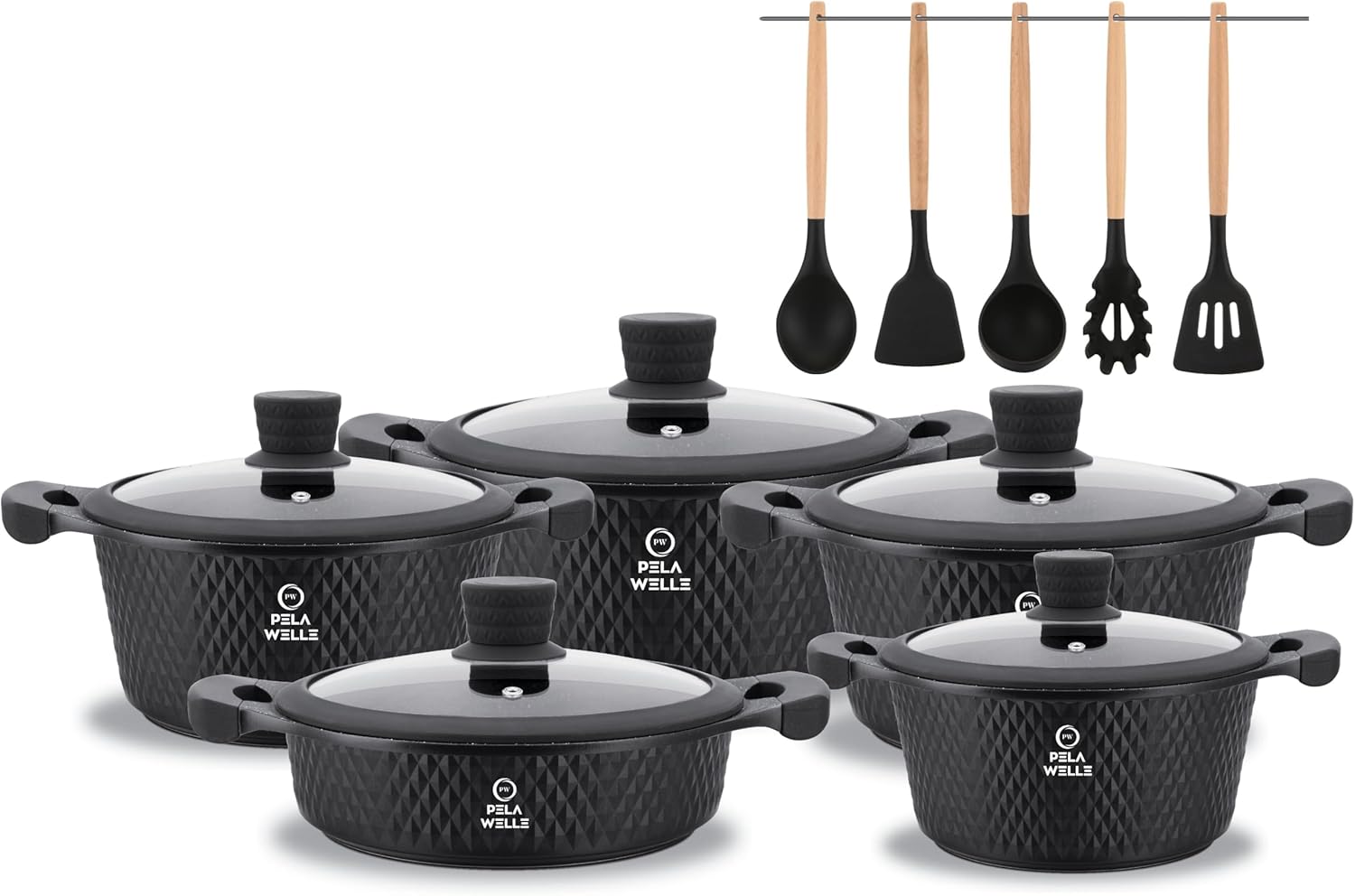 Pela Welle® Topfset Induktion [15-teilig Keramik] inkl. Küchenhelfer, antihaftbeschichtete Töpfe Induktion | Topfset schwarz | Kochtopf Set | Induktions Töpfe Set | Kochtöpfe | Topfsets
