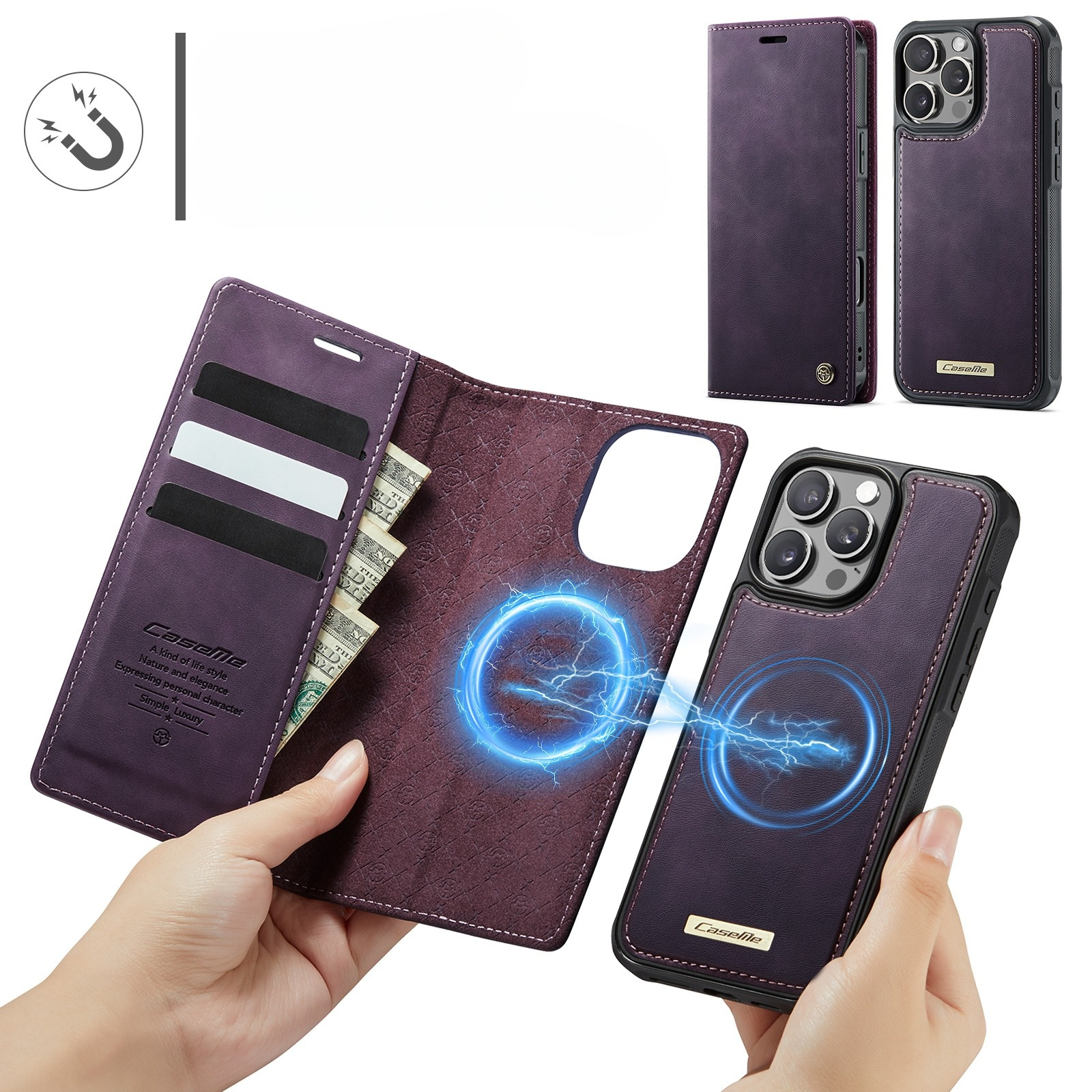 iPhone 14 Pro 2in1 MagSafe Leder Tasche   Magnet Hardcase Karten Etui (RFID Schutz) - Lila