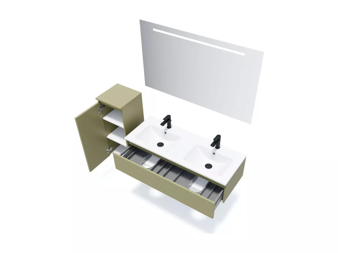 Meuble de salle de bain suspendu double vasque intégrée 120cm 1 tiroir Vert olive - Hudson