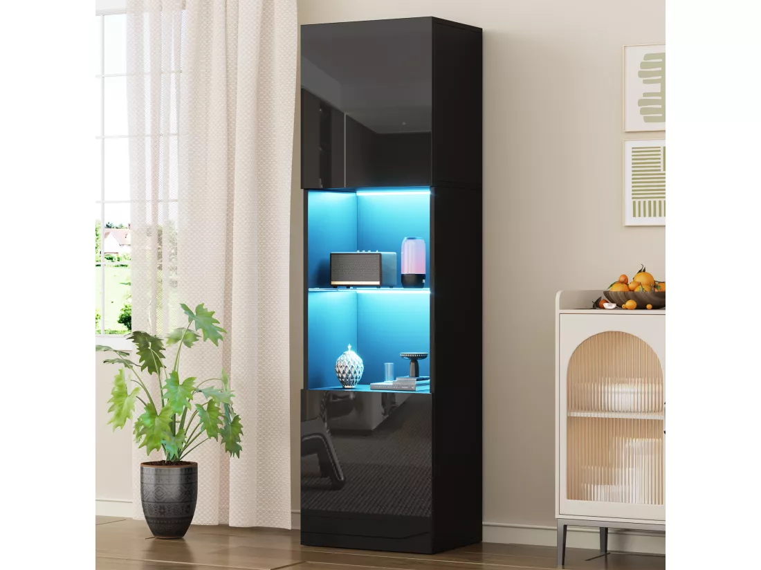 Vitrine avec 2 portes et 1 étagère en verre - 45 x 35 x 160 cm - LEDs - Panneaux de particules - Noire brillant
