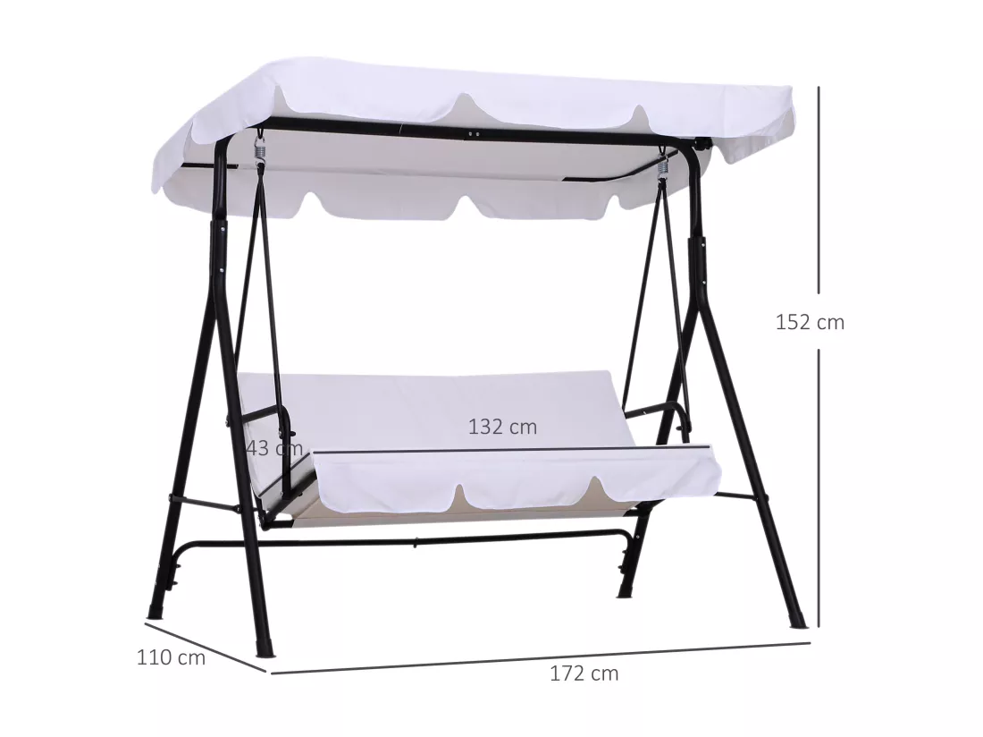 Balancelle de jardin 3 places toit inclinaison réglable coussins assise et dossier 1,72L x 1,1l x 1,52H m acier noir polyester blanc