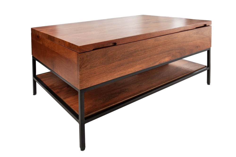 Höhenverstellbarer Couchtisch FACTORY LIFTUP 80cm Mangoholz massiv mit Stauraum Metall