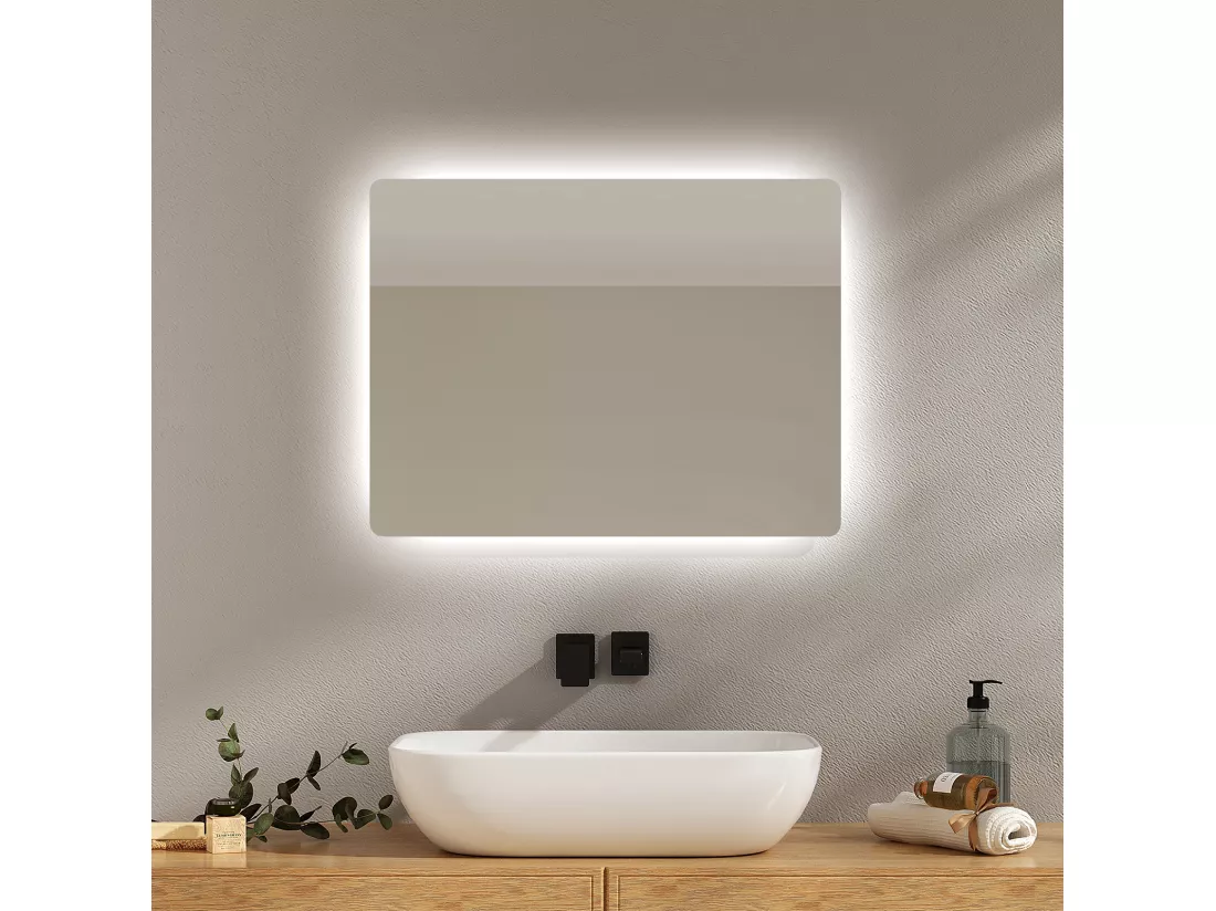 EMKE Miroir lumineux salle de bain Rétro-éclairage 60x45cm, Miroir LED avec Interrupteur à bouton, Anti-buée, lumière Blanche Froide/Chaude