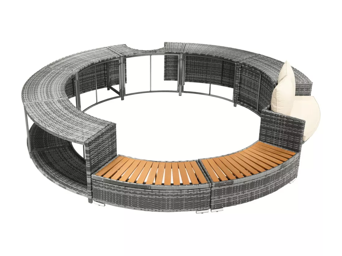 Salon de jardin avec un canapé rond, coussins beige et rangement, pieds réglables, pour piscine gonflable - 283x283x55cm