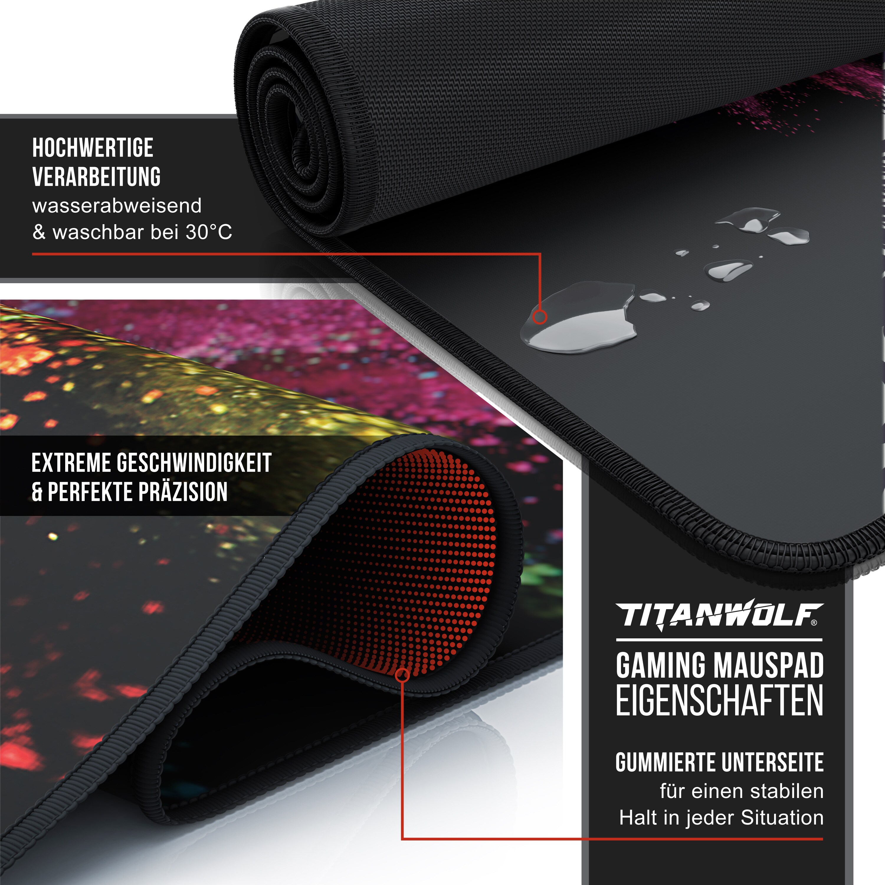 Titanwolf XXL Speed Gaming Mauspad Titanwolf Schwarz 900 x 400mm, XXL Mousepad, Tischunterlage Large Size, verbessert Präzision und Geschwindigkeit