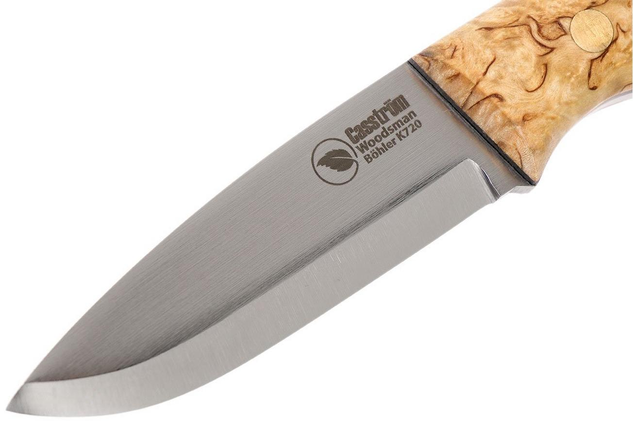 Casström Woodsman Knife Curly Birch, Slepiner Scandi Grind 10824 met firesteel