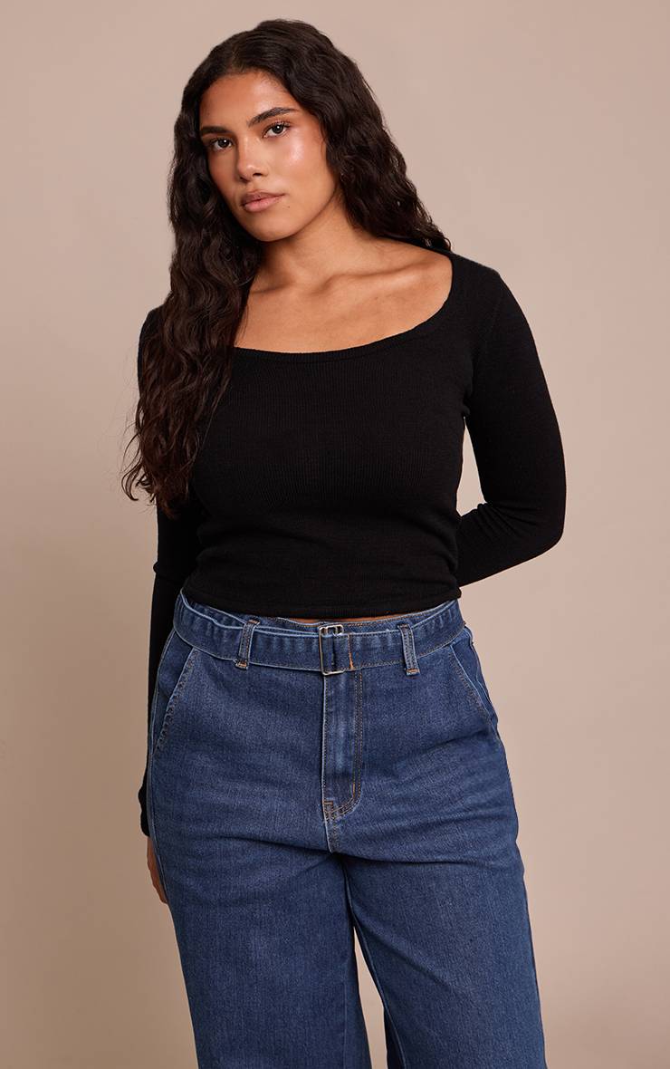 Noir Top Shape En Maille À Manches Longues Et Encolure Arrondie