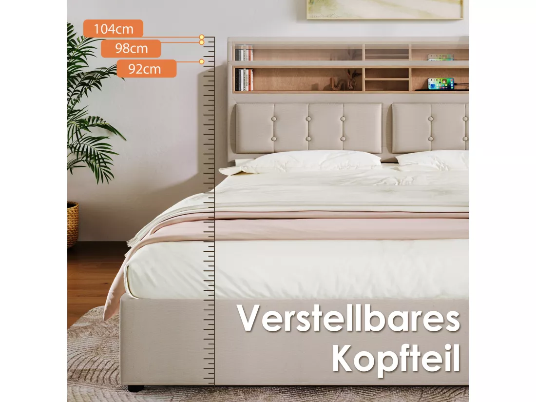 Lit coffre 160x200 cm en tissu lin - tête de lit réglable avec prises - avec sommier à lattes - Beige
