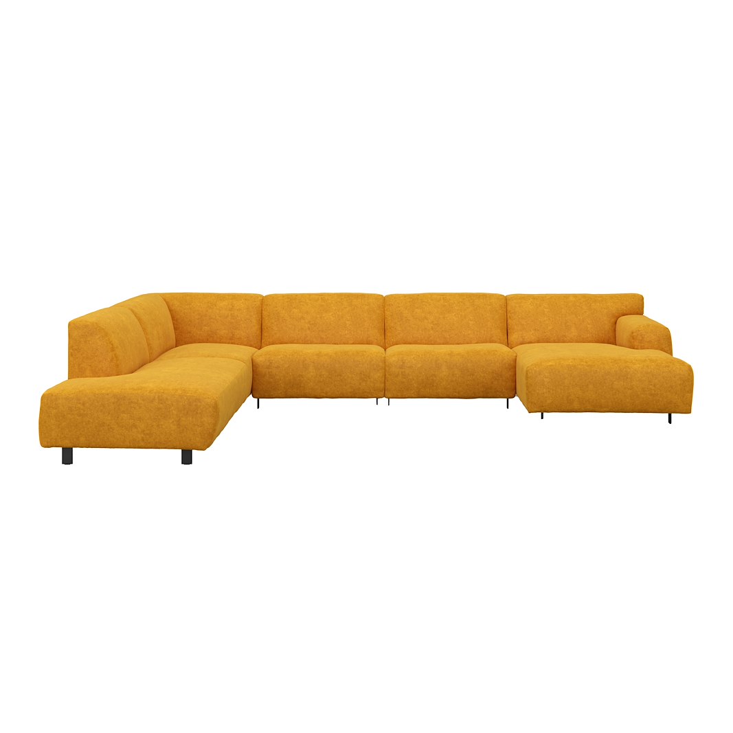 Vesta U-sofa Sjeselong høyre, 3-seter og åpen ende venstre. Big hjørnemodul, Tekstil Eros Mustard, sort metallben 10 cm, Comfort CM