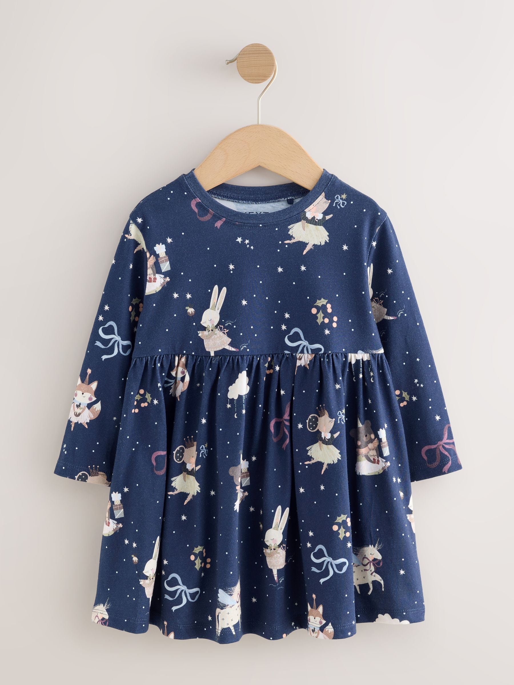 Marineblauw met figuurtjes - Kerstjurk met lange mouwen (3mnd-7jr)