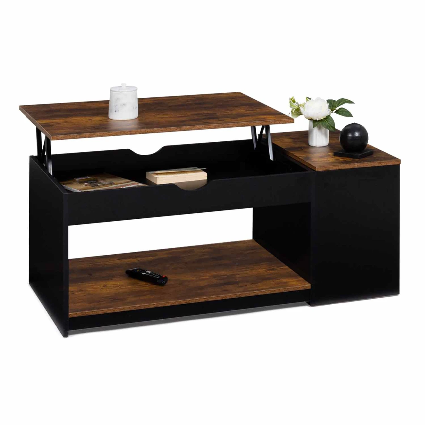 Table basse plateau relevable rectangulaire ELEA avec coffre bois effet vieilli et noir