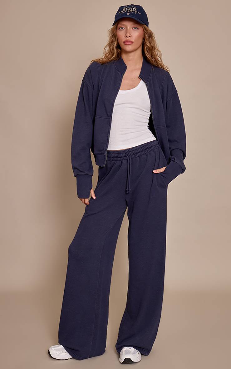 Bleu Marine Sweat-shirt À Col Montant Zippé Effet Délavé Acide