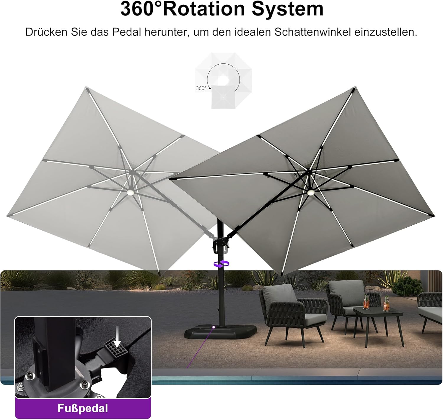PURPLE LEAF Ampelschirm 300 x 300 cm Sonnenschirm mit LED Beleuchtung, Neigbar Kippbar Gartenschirm mit Kurbel, Aluminium Gestell, 360° Rotation, Weiß