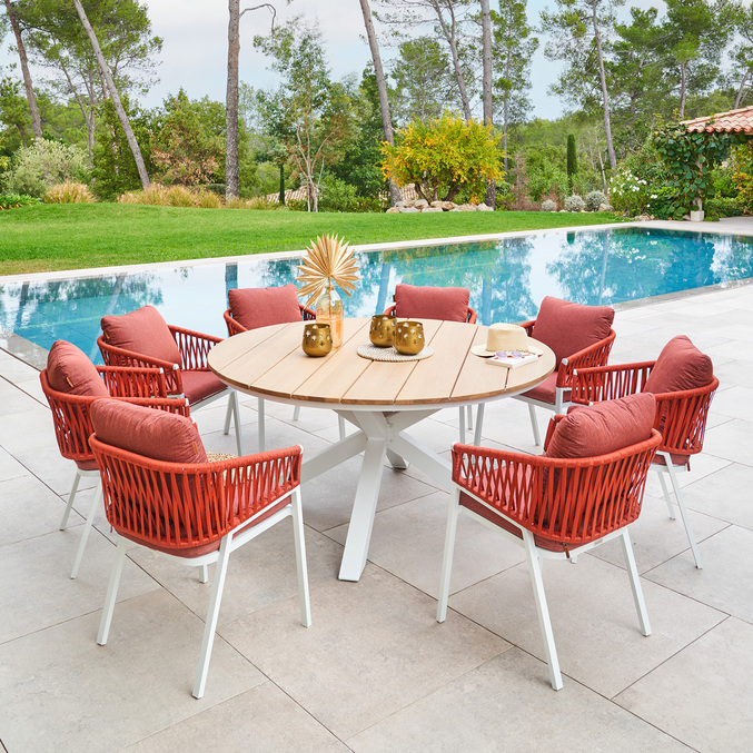 Ensemble table de jardin ronde + 8 fauteuils ORIENGO Acacia & Blanc