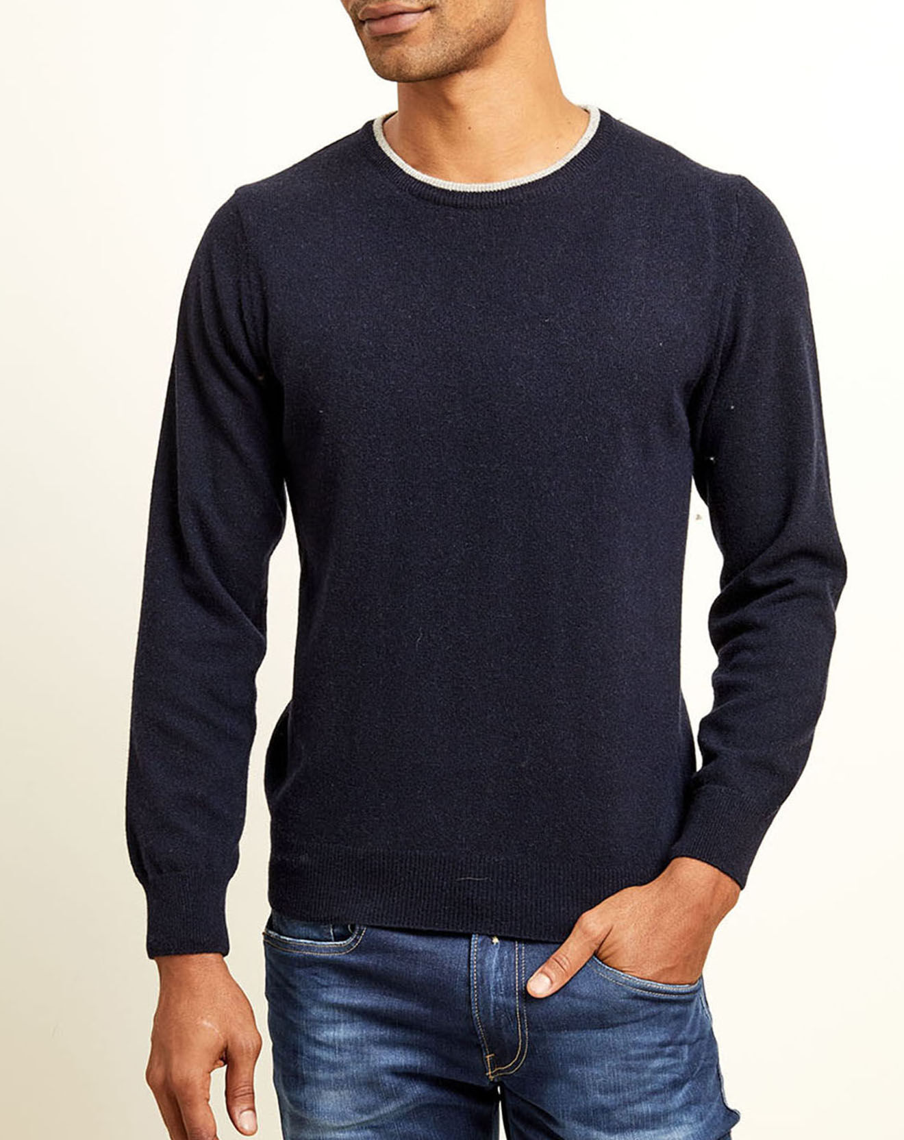 Uverny Pull 100% Cachemire col rond marine/gris