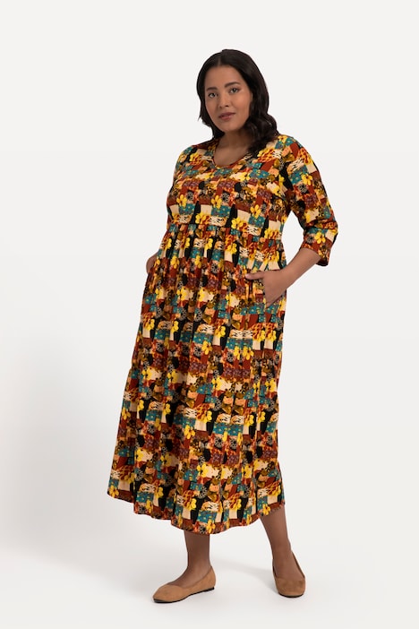 Jerseykleid, A-Line, Allover Druck, Taschen, V-Ausschnitt, 3/4-Arm